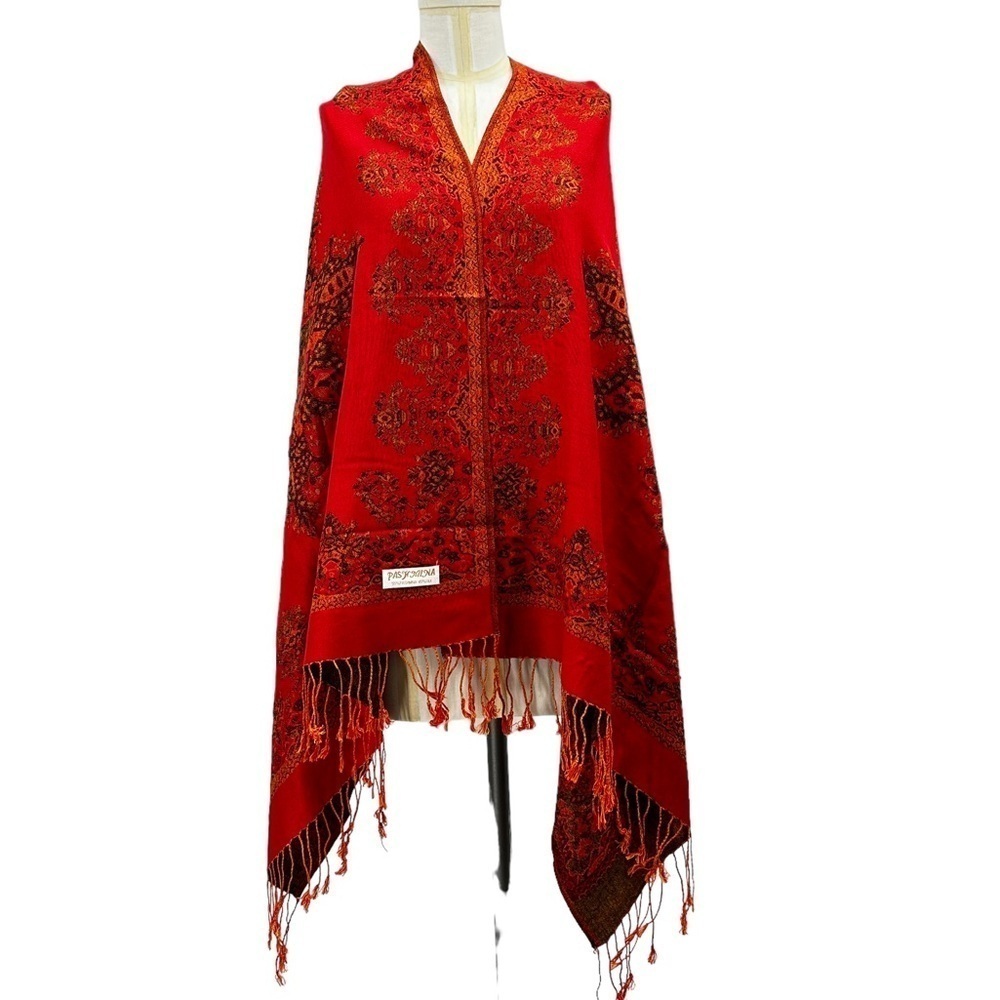 NEW Pashmina & Silk Lightweight Fringed‎ Shawl Wrap Red Black Starburst One Size